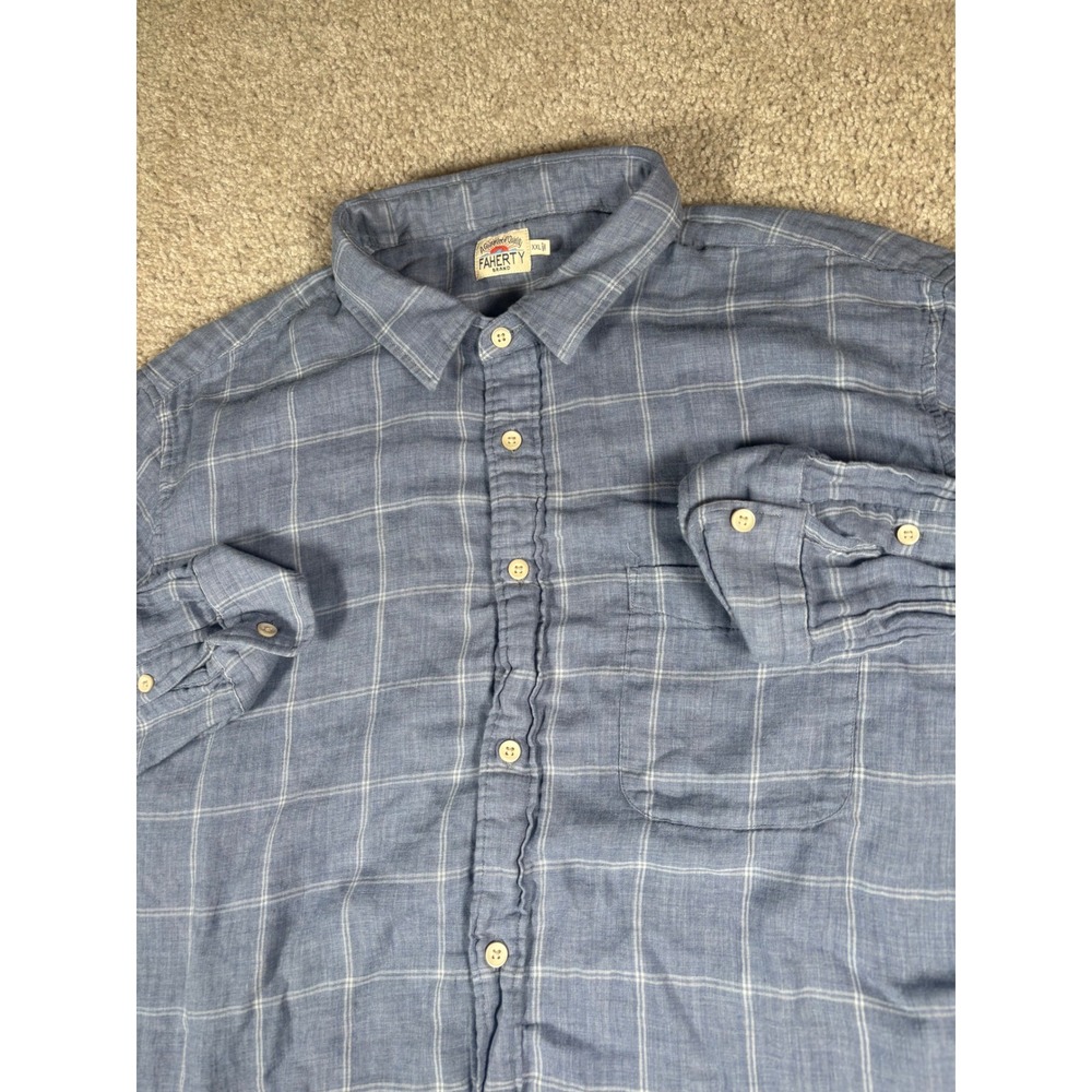 Faherty Brand Cloud Cotton Windowpane Plaid Shirt Blue XXL Long Sleeve Button Up